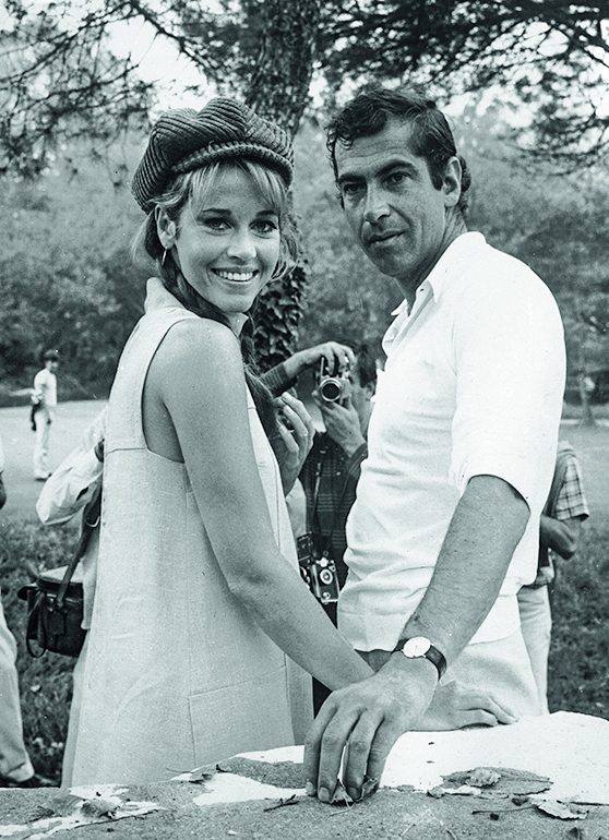 October 1966:  American actress Jane Fonda with her husband, the French film director Roger Vadim.  (Photo by Keystone Features/Getty Images)